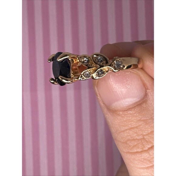 Size 5.5 Princess Ring – Gold Tone Faux Sapphire & CZ Bling, Y2K Girly Glam - Picture 3 of 6
